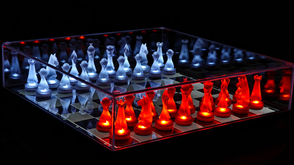 Chessboard with glowing red and white chess pieces on a black background